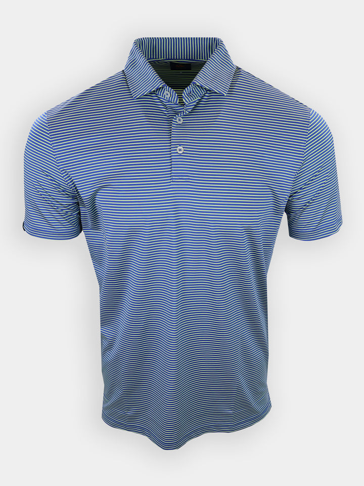 A blue striped polo shirt is displayed hanging against a plain white background.