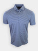 Blue and white striped short-sleeve polo shirt displayed against a plain white background.