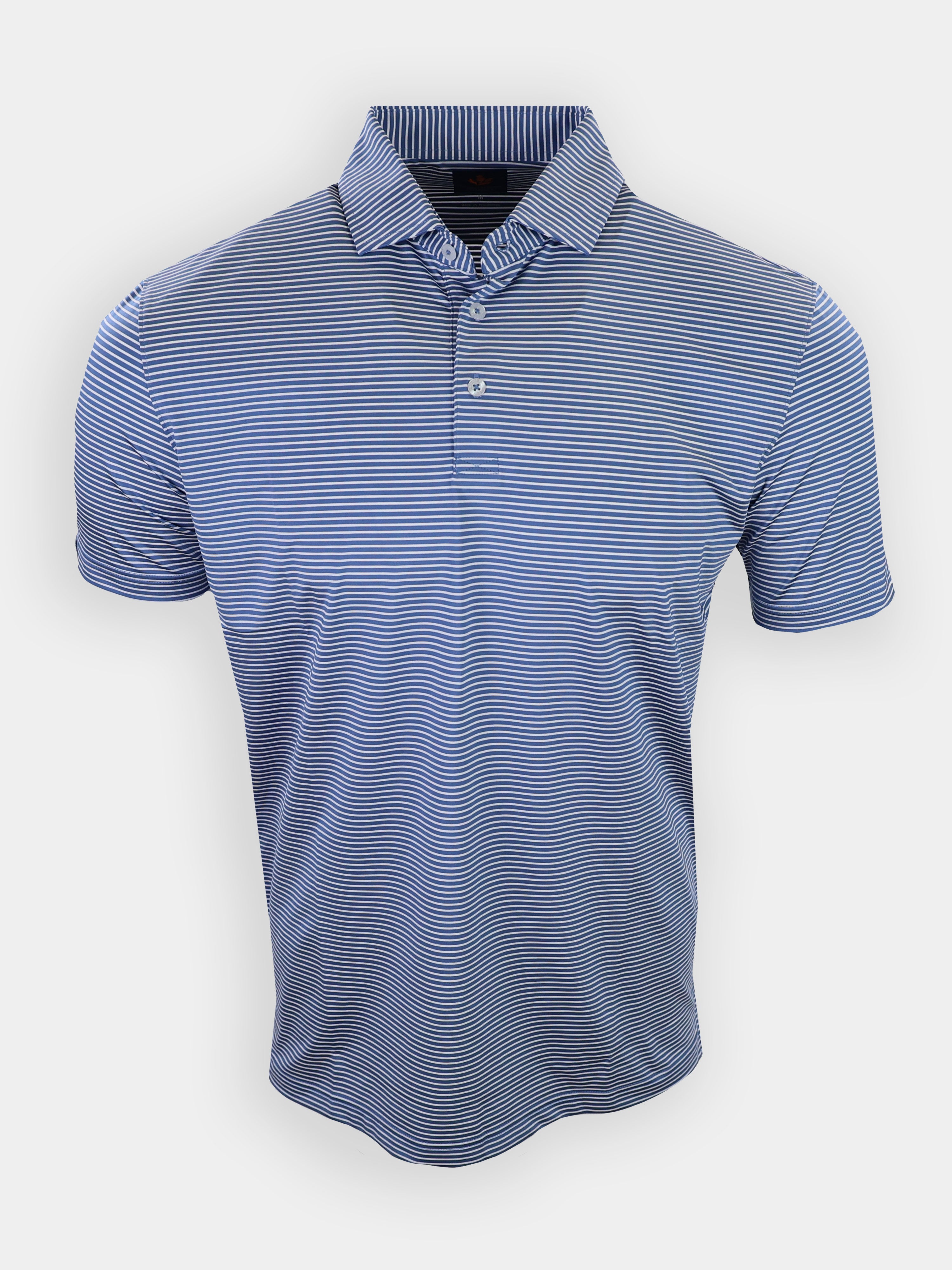Blue and white striped short-sleeve polo shirt displayed against a plain white background.
