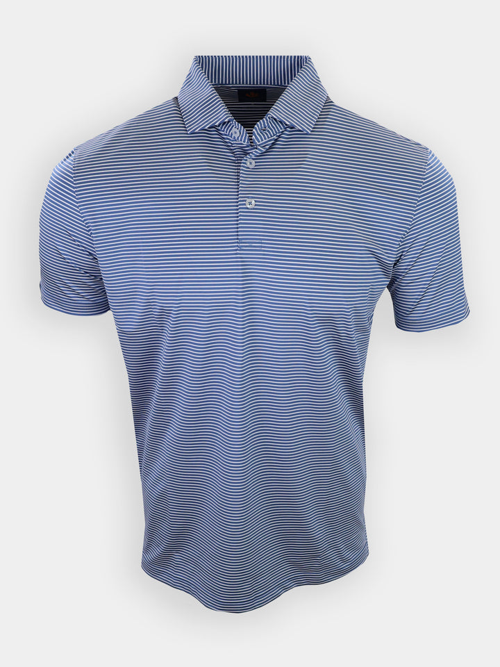 Blue and white striped short-sleeve polo shirt displayed against a plain white background.