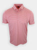 Short-sleeve polo shirt in pink with white horizontal stripes displayed against a plain background.