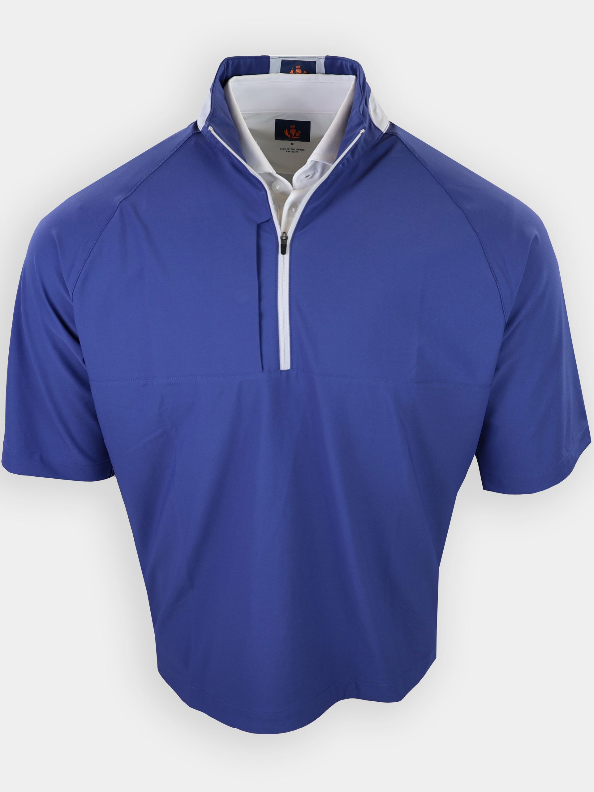 Short-sleeved blue polo shirt with a quarter zip and a white collar.