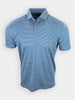 Short-sleeved polo shirt with blue and white horizontal stripes displayed against a white background.