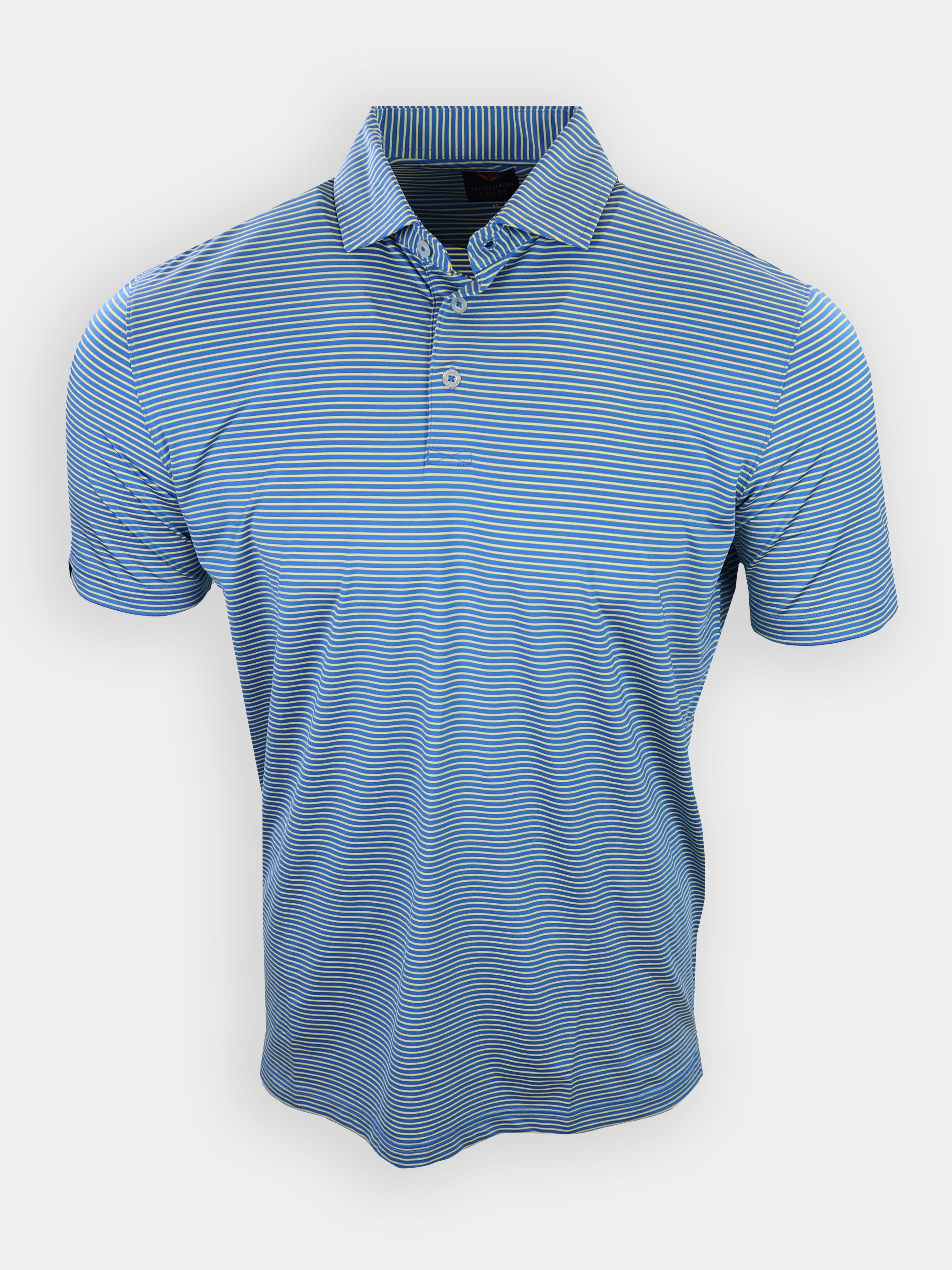 Short-sleeved polo shirt with blue and white horizontal stripes displayed against a white background.