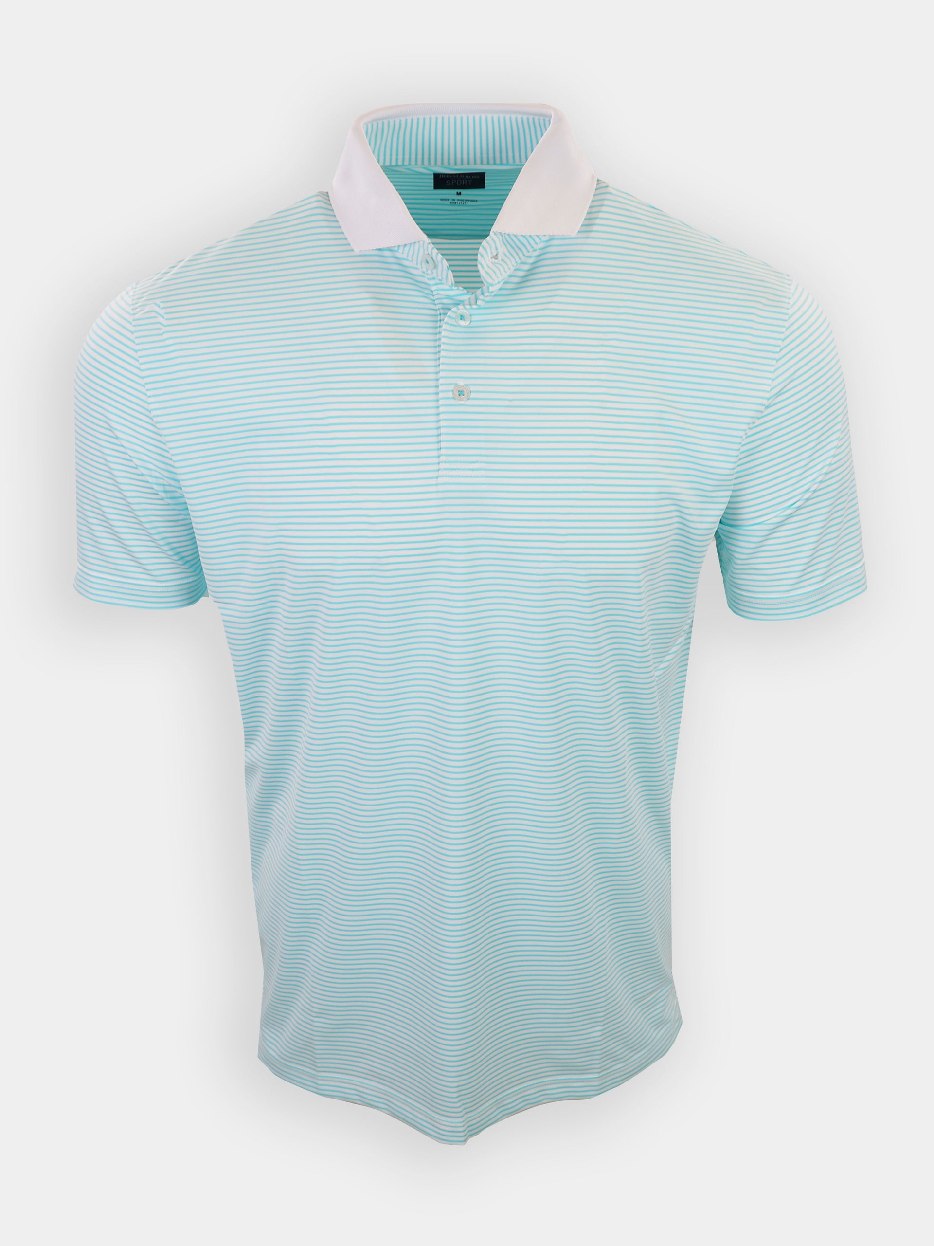 Light blue short-sleeved polo shirt with white collar and horizontal stripes.