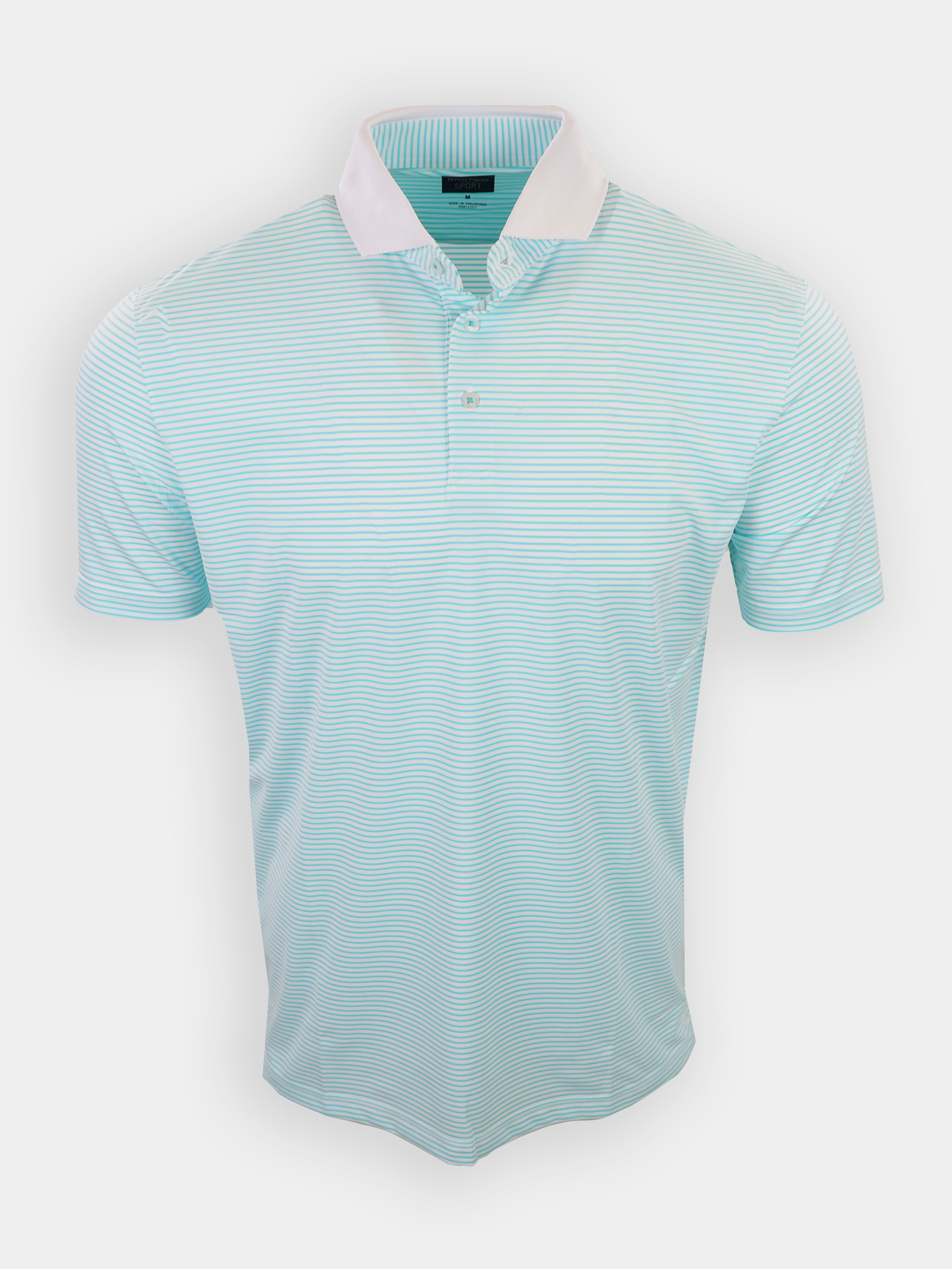 Light blue short-sleeved polo shirt with white collar and horizontal stripes.