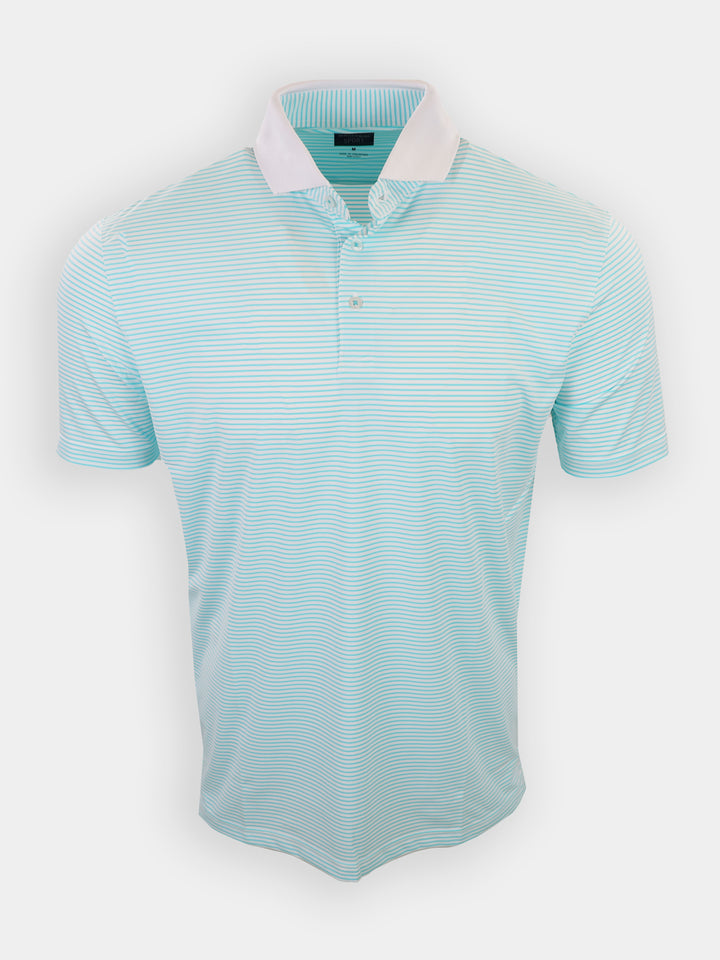Light blue short-sleeved polo shirt with white collar and horizontal stripes.