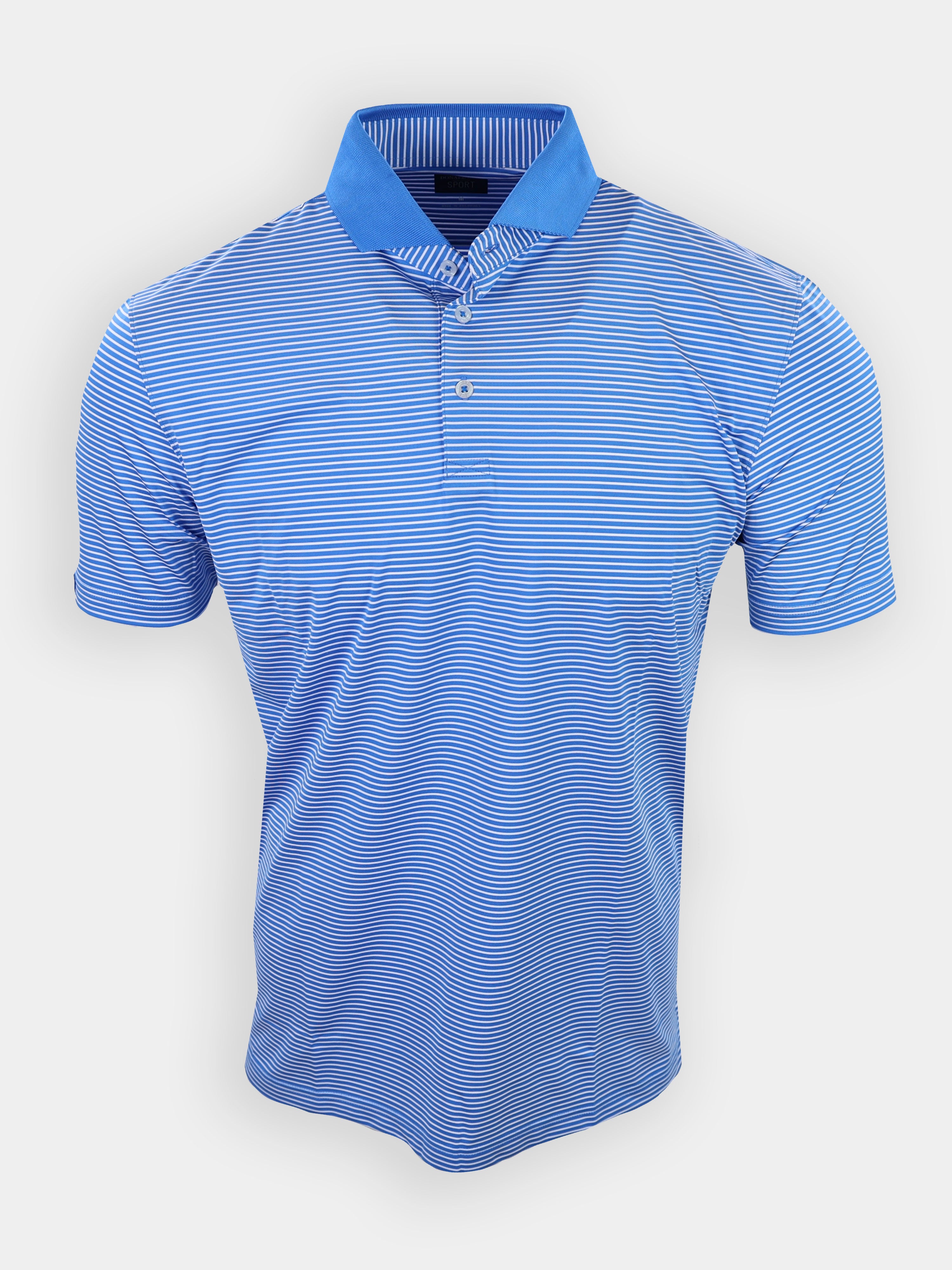 Striped blue polo shirt displayed upright against a white background.