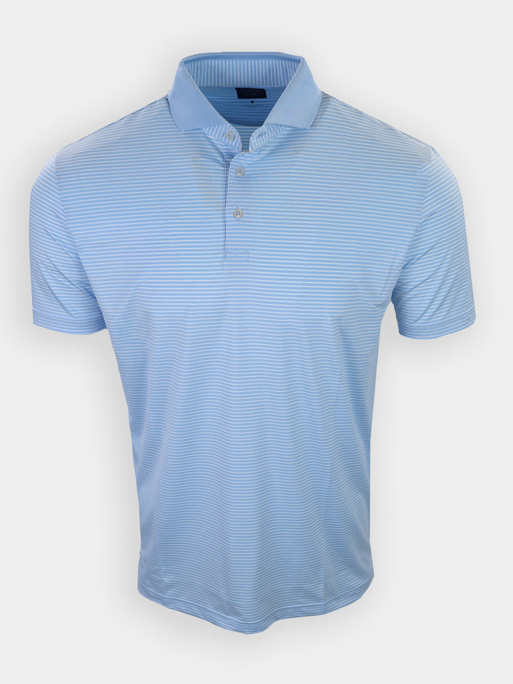 Light blue striped polo shirt displayed against a white background.