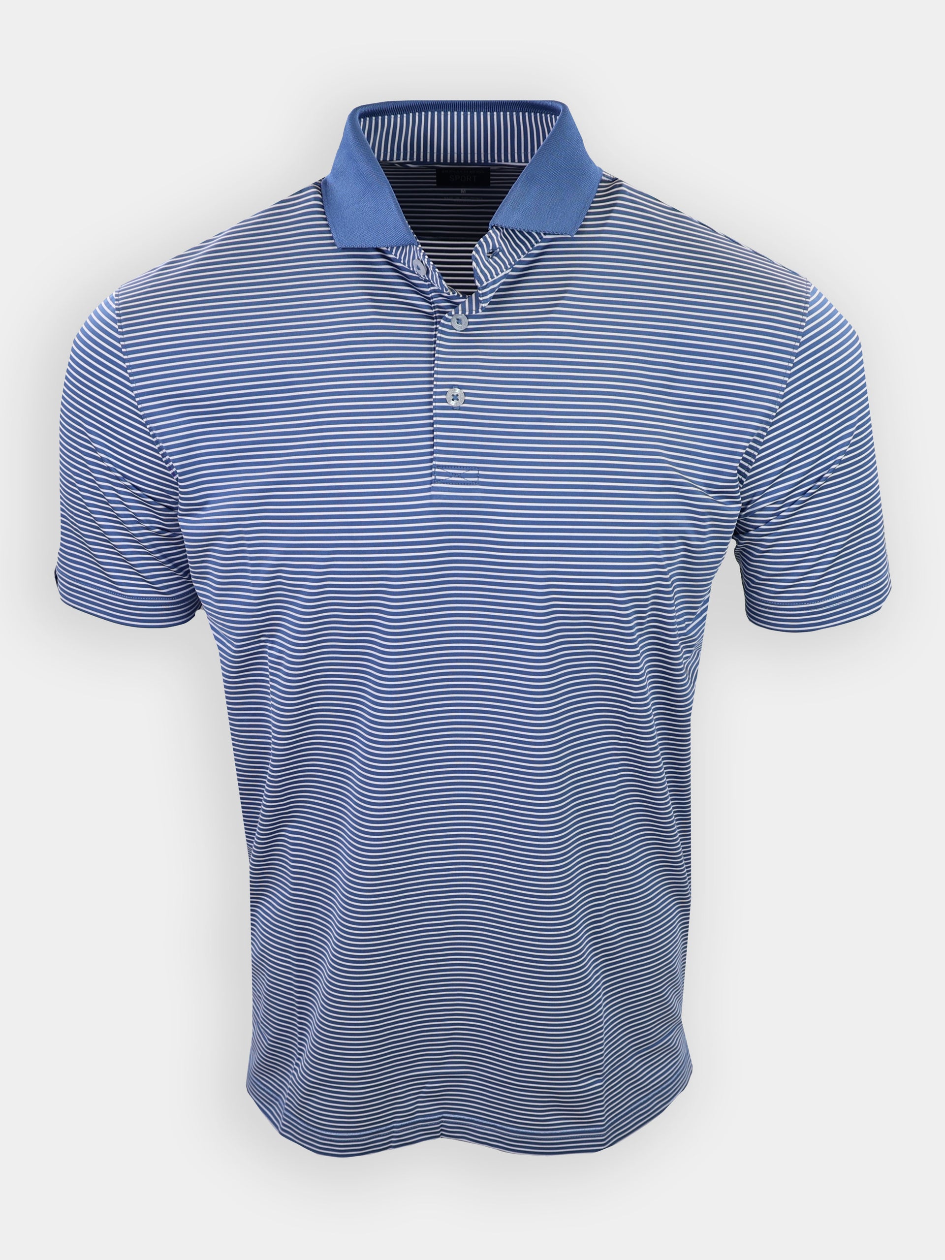 Striped blue polo shirt with a solid blue collar displayed against a neutral background.