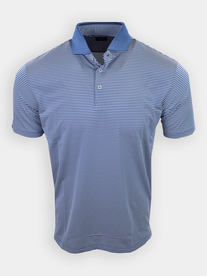 Striped blue polo shirt with a solid blue collar displayed against a neutral background.
