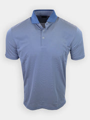 Striped blue polo shirt with a solid blue collar displayed against a neutral background.