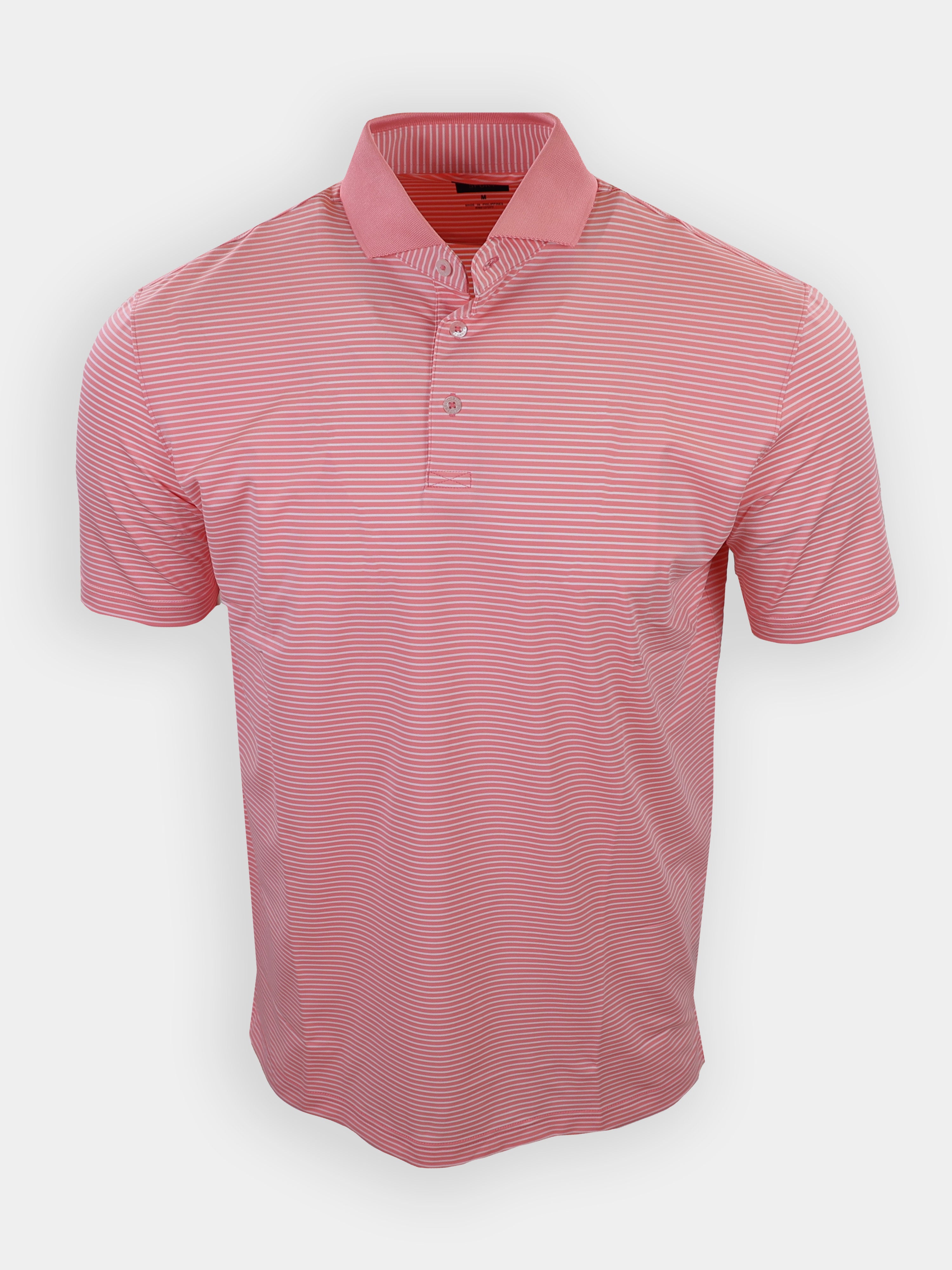 A pink striped polo shirt is displayed against a plain white background.