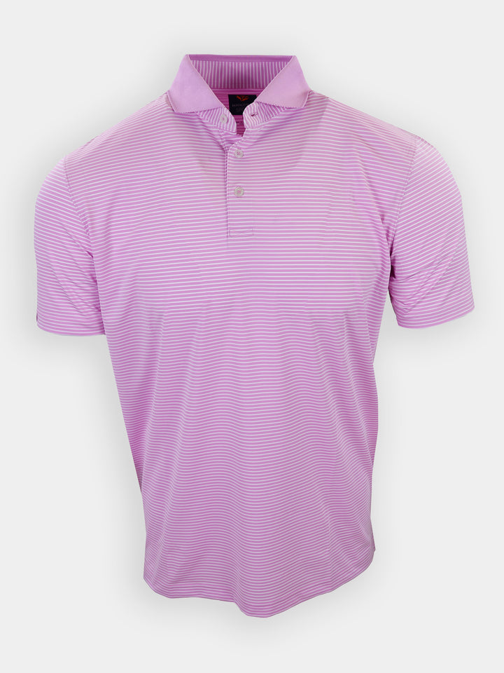 Light purple polo shirt with thin white stripes displayed against a plain background.