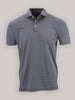 A sleek, short-sleeved polo shirt with fine horizontal black, blue, and yellow stripes on a white background, featuring a classic collar and three-button placket.