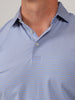 Close-up of a person wearing a blue and yellow striped polo shirt with a collar and button detail. The fabric appears soft and casual.