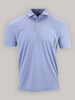 A light blue short-sleeve polo shirt with subtle yellow stripes, featuring a three-button collar. The fabric appears smooth and comfortable.