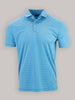 A light blue, green, and white striped short sleeve polo shirt with a neatly folded collar and button placket, displayed on a neutral gray background.