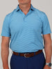 A person wearing a light blue striped polo shirt and dark blue pants. The outfit is accessorized with a brown belt and a silver watch.