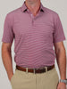 Man wearing a maroon and white striped polo shirt with beige pants and a brown belt. The tone is casual, evoking a relaxed and neat style.