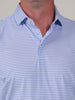 Close-up of a person wearing a light blue and white striped polo shirt with a collar and buttons. The fabric appears soft and casual.