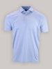 Light blue and white striped polo shirt with a classic collar and three-button placket, displayed against a neutral gray background. Casual and elegant.
