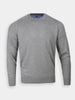 Gray crewneck sweater with long sleeves, featuring a ribbed collar, cuffs, and hem