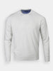 White crew neck sweater displayed on a plain white background. The sweater has long sleeves and subtle ribbing at the cuffs and hem, conveying a clean and minimalist style