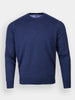 Blue crewneck sweater on a plain white background. The sweater has long sleeves, a ribbed neckline, cuffs, and hem, conveying a classic, simple style