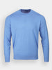A light blue crew neck sweater made of cotton and cashmere, displayed against a white background