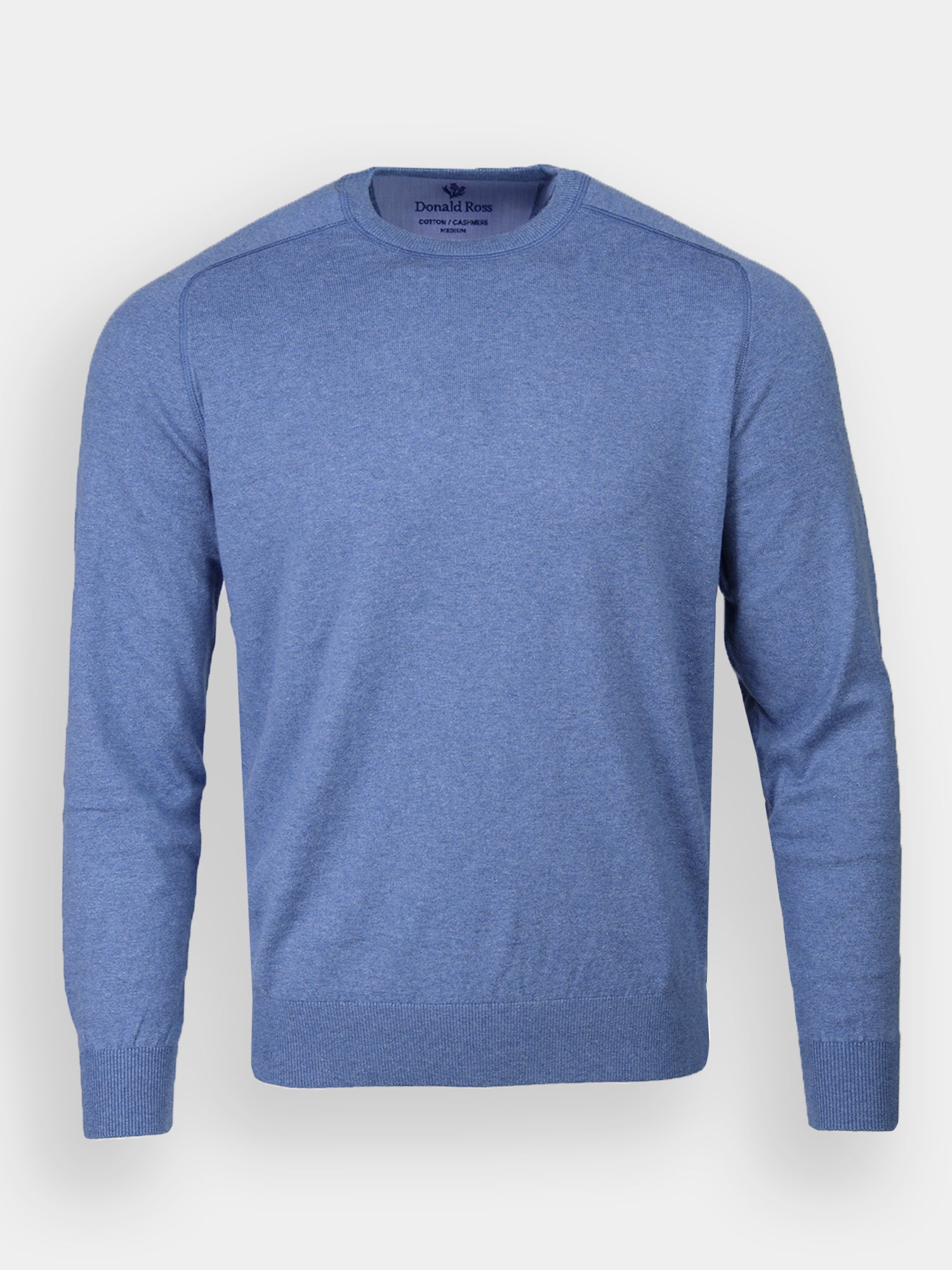 Light blue long-sleeve crewneck sweater against a plain background, featuring a soft texture and ribbed cuffs
