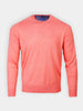 A coral pink crew-neck sweater on a plain white background, featuring long sleeves and a ribbed hem