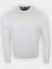 White long-sleeve sweater with a ribbed neckline and cuffs displayed against a plain background.