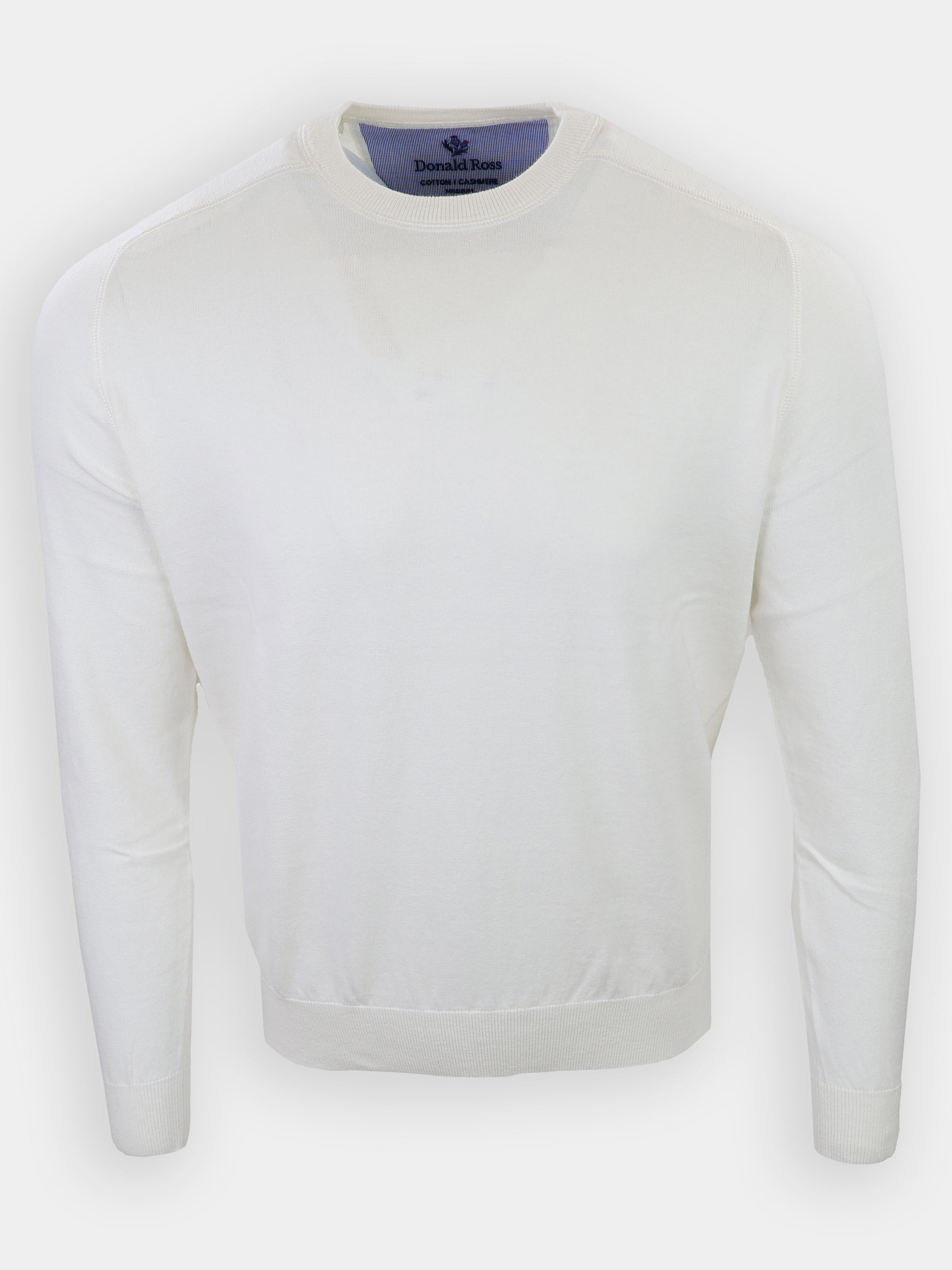 White long-sleeve sweater with a ribbed neckline and cuffs displayed against a plain background.