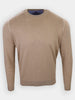 Beige long-sleeve sweater displayed frontally with a round neckline.