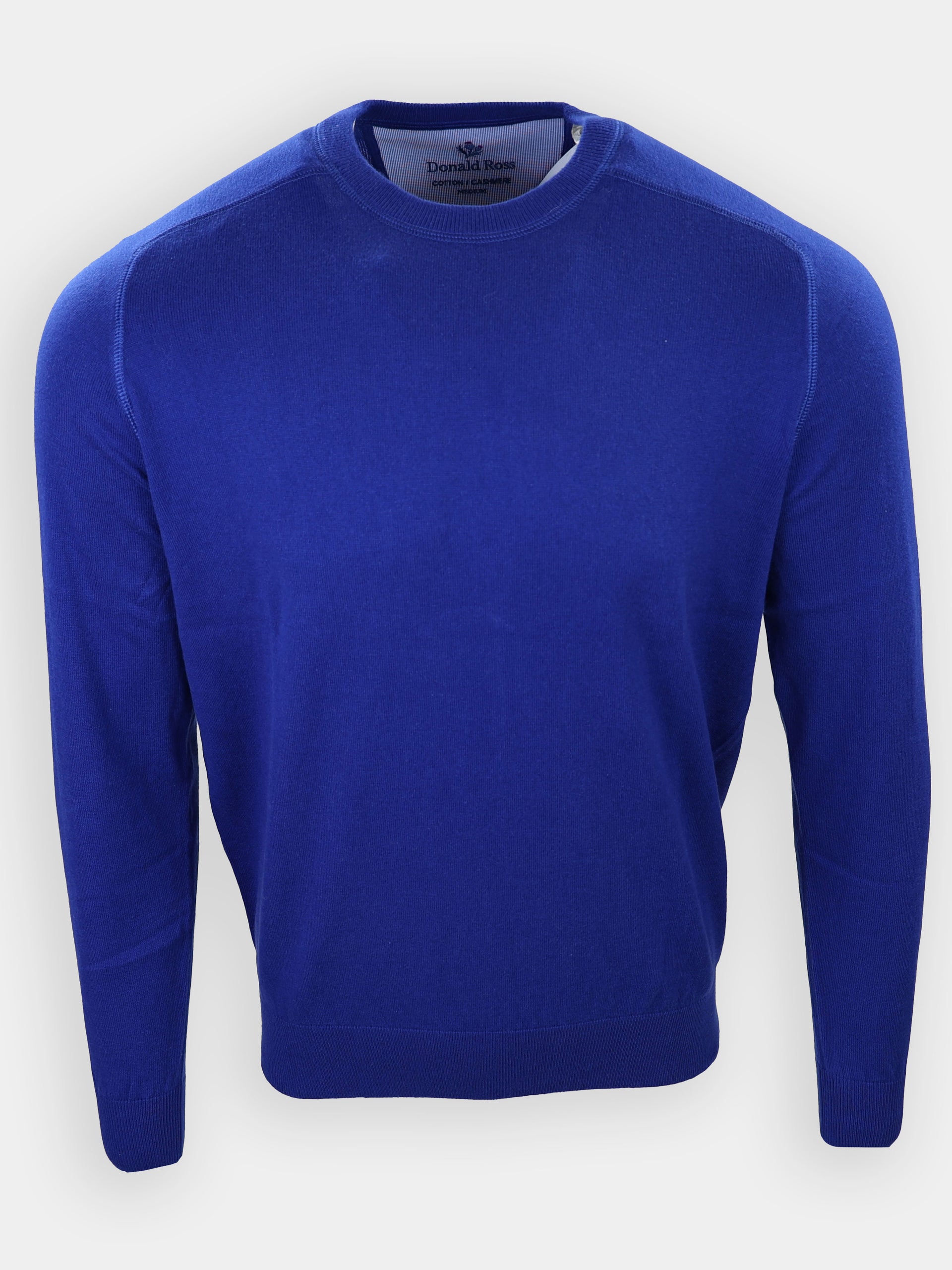 A blue sweater with a round neck and long sleeves is displayed against a neutral background.