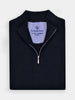 Folded men's black quarter-zip sweater by Donald Ross, featuring a ribbed mock neck collar and silver zipper closure