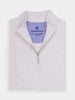 Light gray cotton-cashmere pullover with a zip neck, featuring a blue checked lining and Donald Ross label in the collar