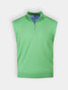 Green sleeveless sweater vest with a quarter-zip collar, made of soft material, displayed against a plain white background