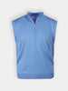 Light blue sleeveless sweater vest with a half-zip collar on a white background