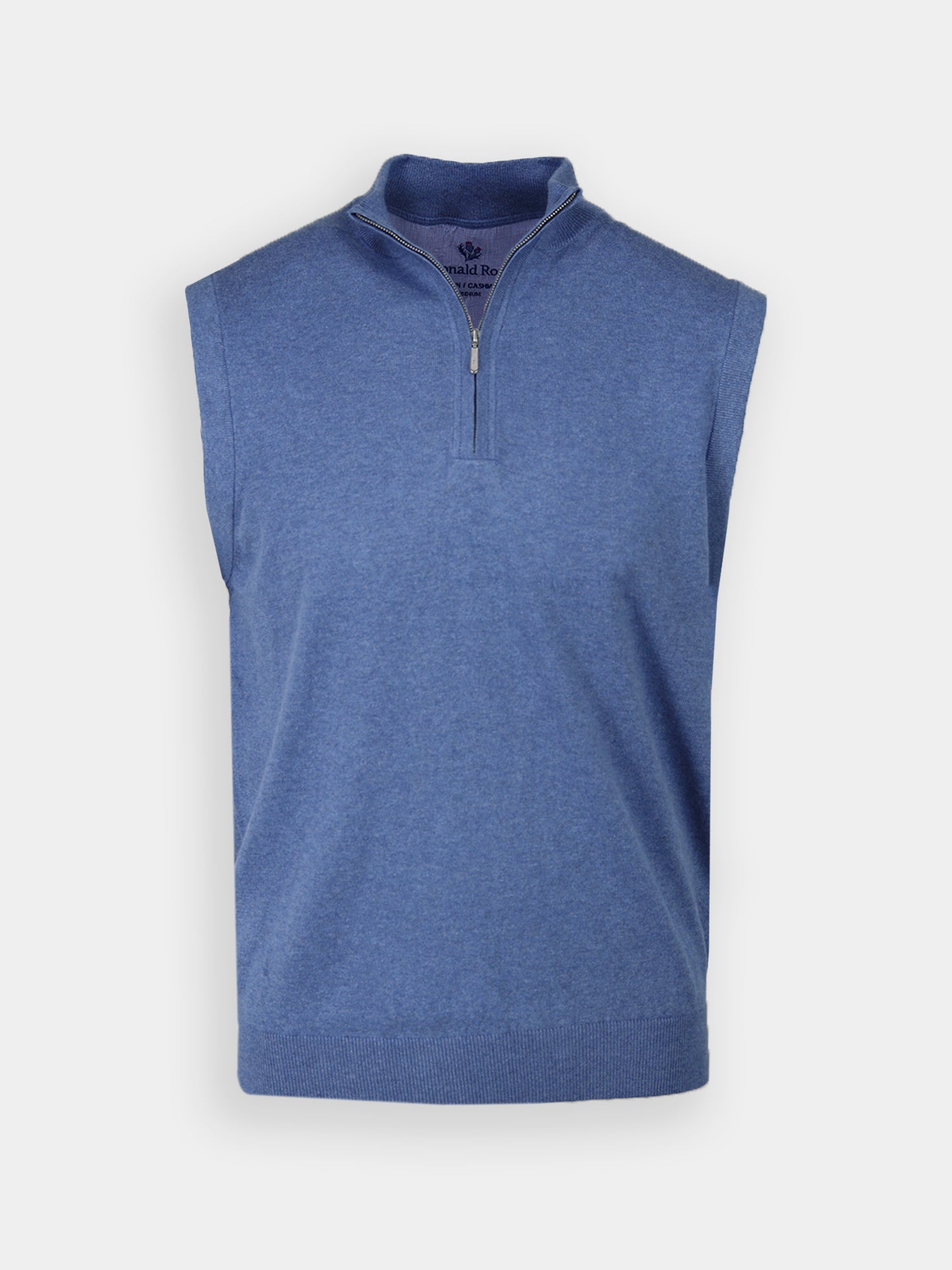 Blue sleeveless vest with a quarter-zip collar. Features a ribbed hem and soft texture, giving a casual and comfortable look