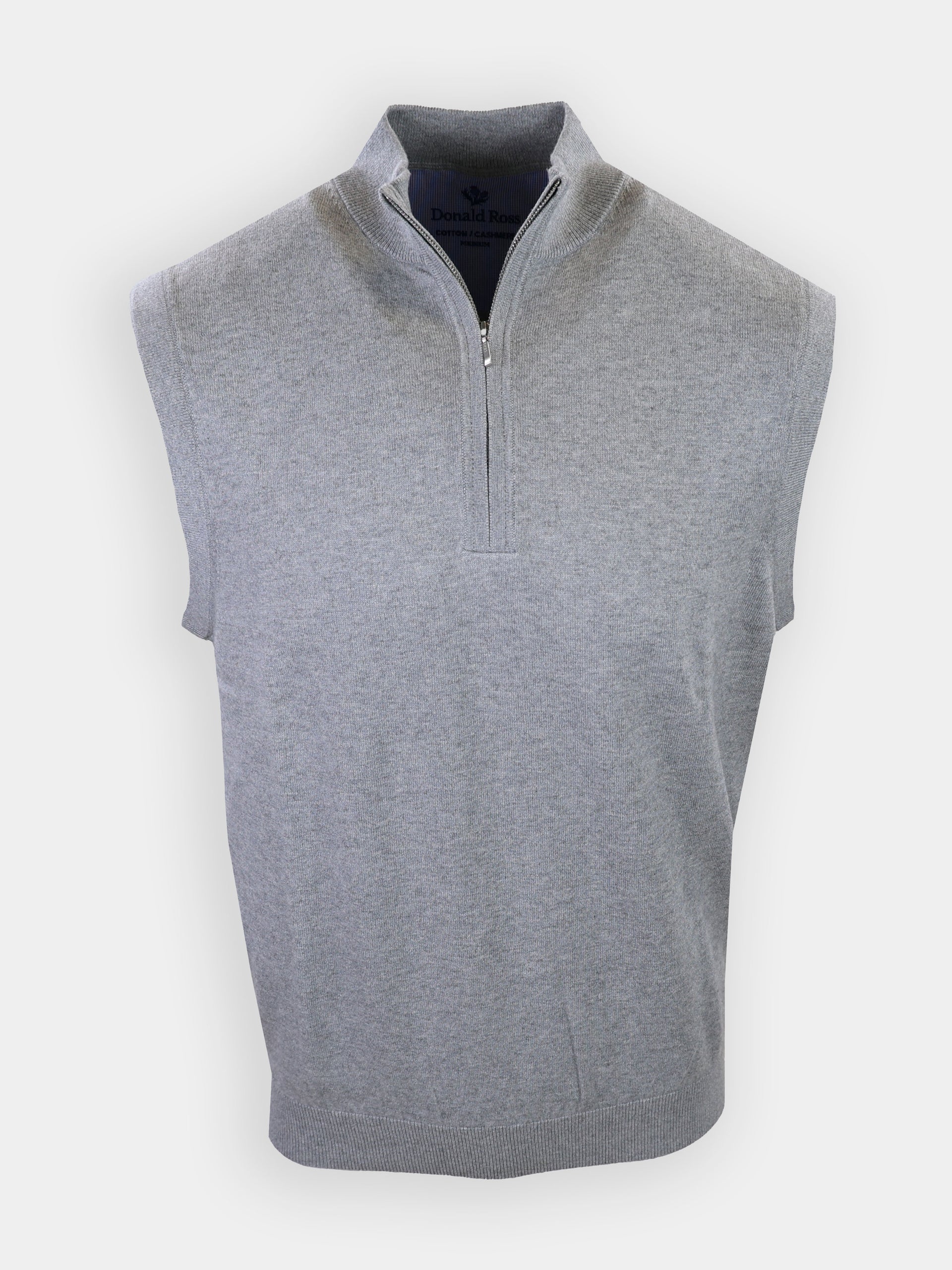 Light gray sleeveless sweater with a half-zip collar displayed against a white background.
