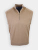 Tan sleeveless pullover with a high collar and zipper, displayed on a white background.