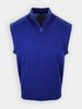 A sleeveless blue golf sweater features a zippered neck and a solid knit design.