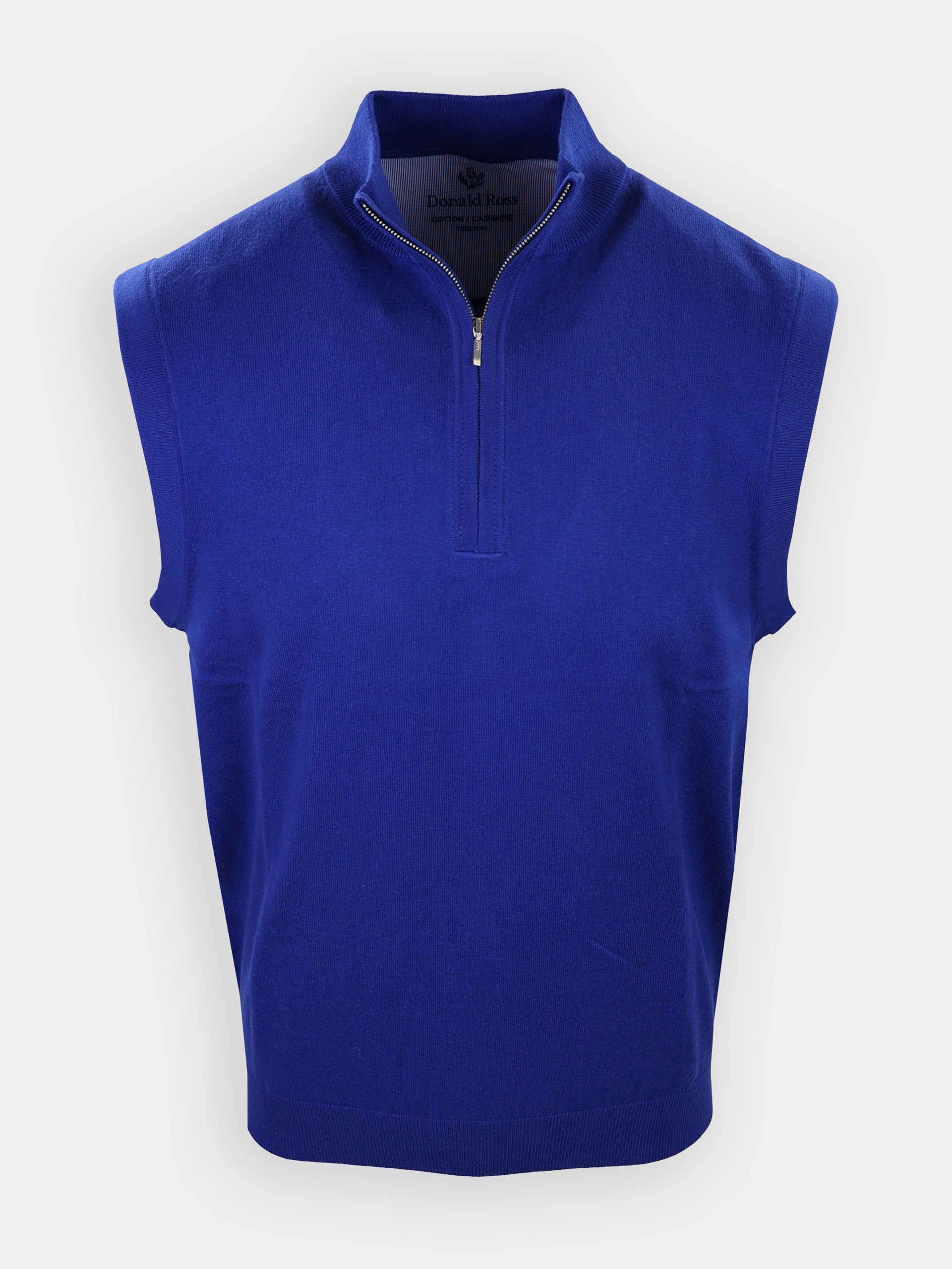 A sleeveless blue golf sweater features a zippered neck and a solid knit design.