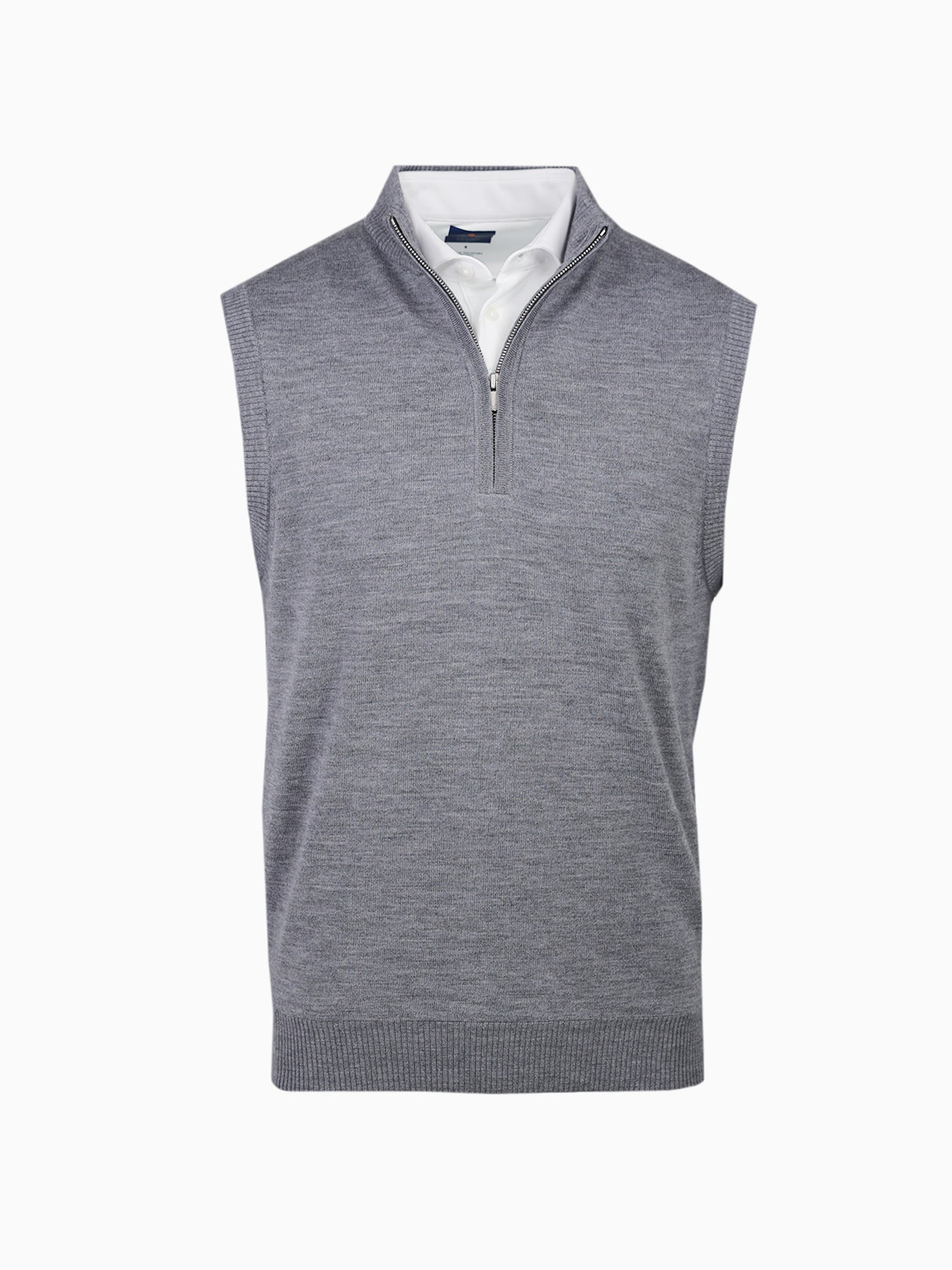 Gray sleeveless sweater vest with a half-zip collar, layered over a white collared shirt. The vest has a ribbed hem, conveying a classic and refined look.
