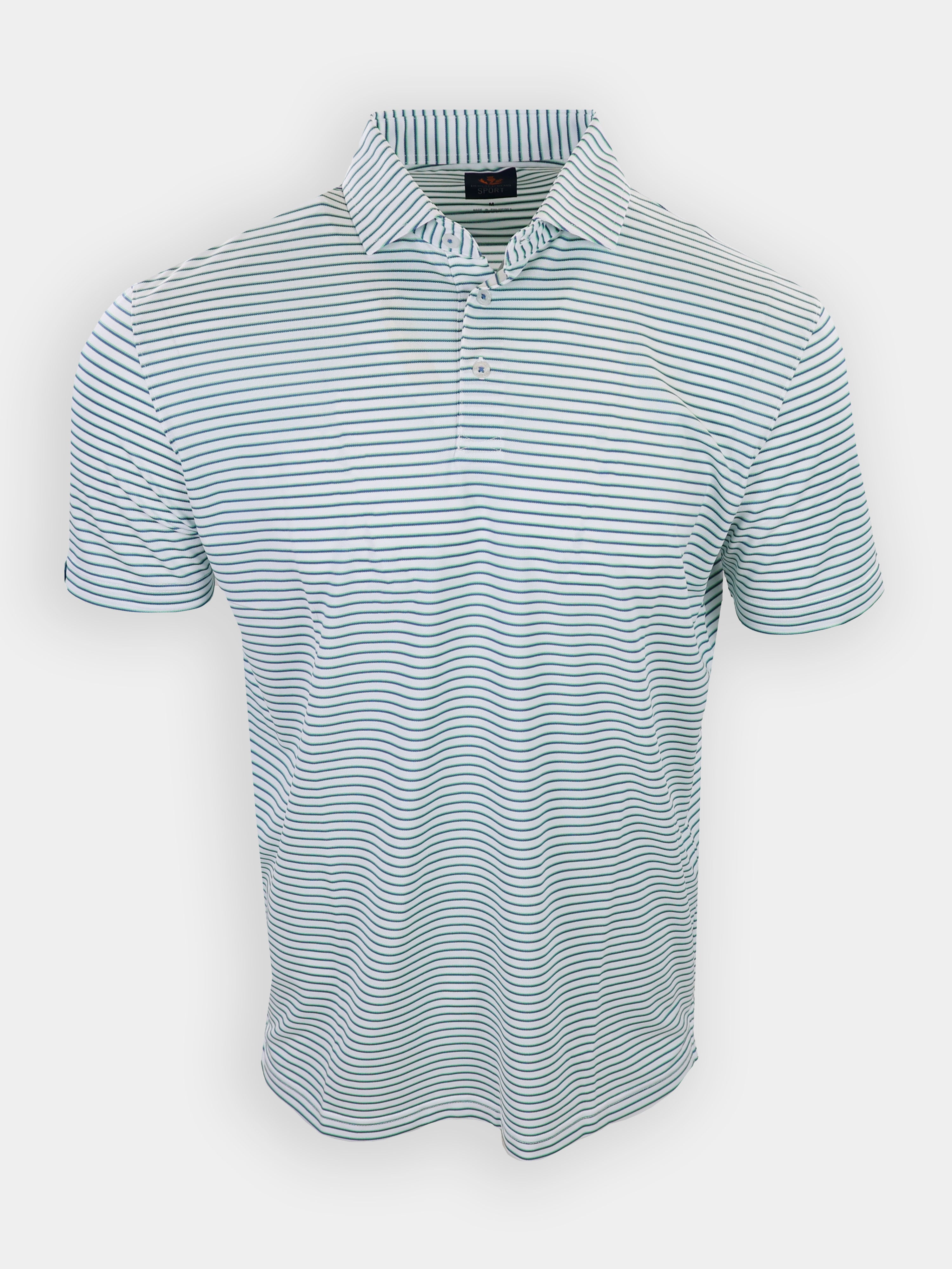 A striped polo shirt in light blue and white.