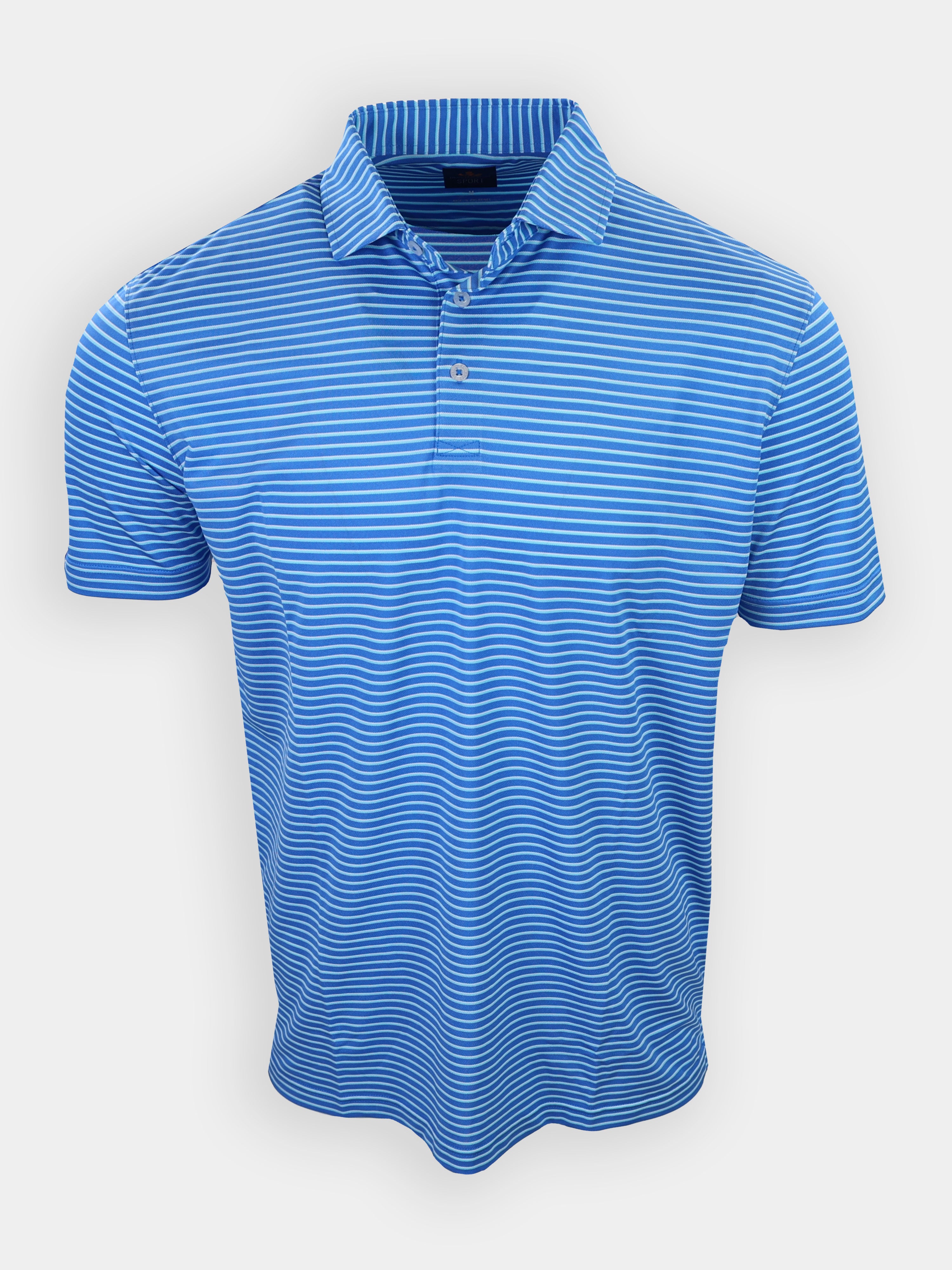 Blue polo shirt with white horizontal stripes displayed against a plain background.
