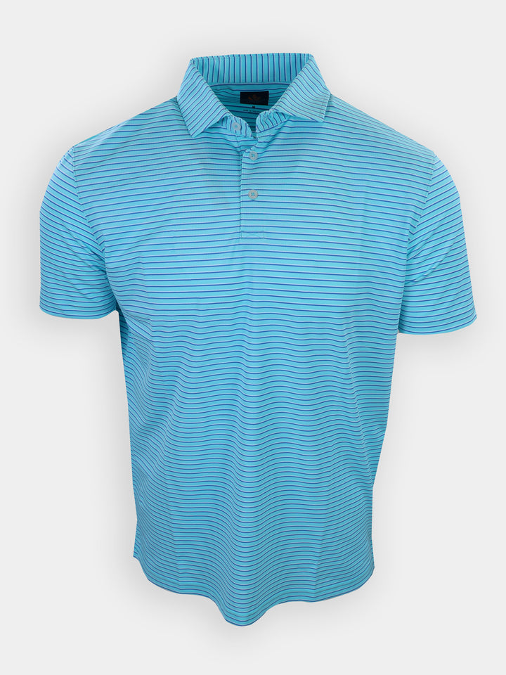 Light blue polo shirt with horizontal stripes displayed against a white background.
