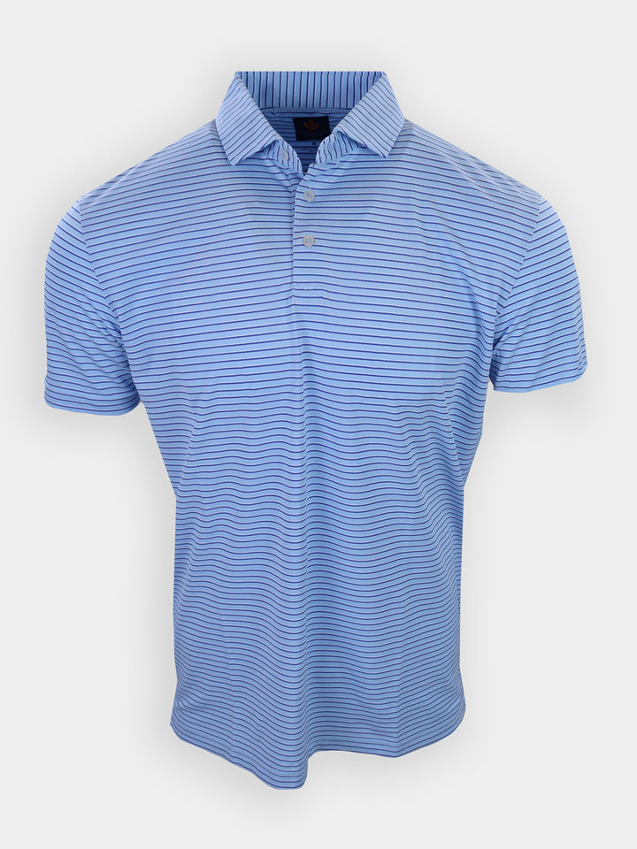 Short-sleeve, collared polo shirt in light blue with horizontal stripes.